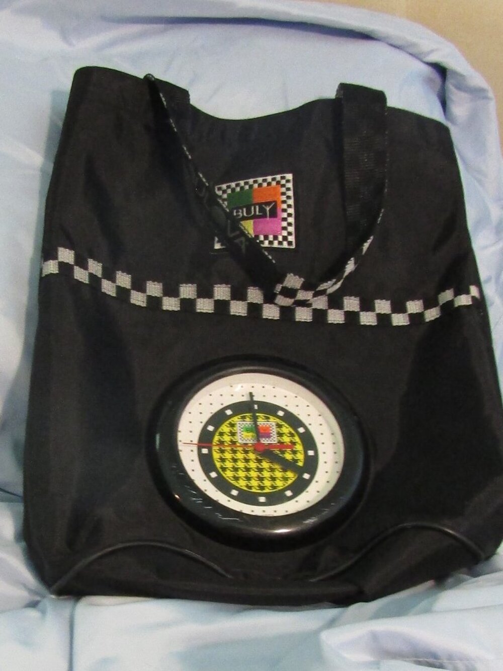 Vintage 1988 BULOVA BULY VINYL TOTE BAG w/CLOCK & Checkerboard Design